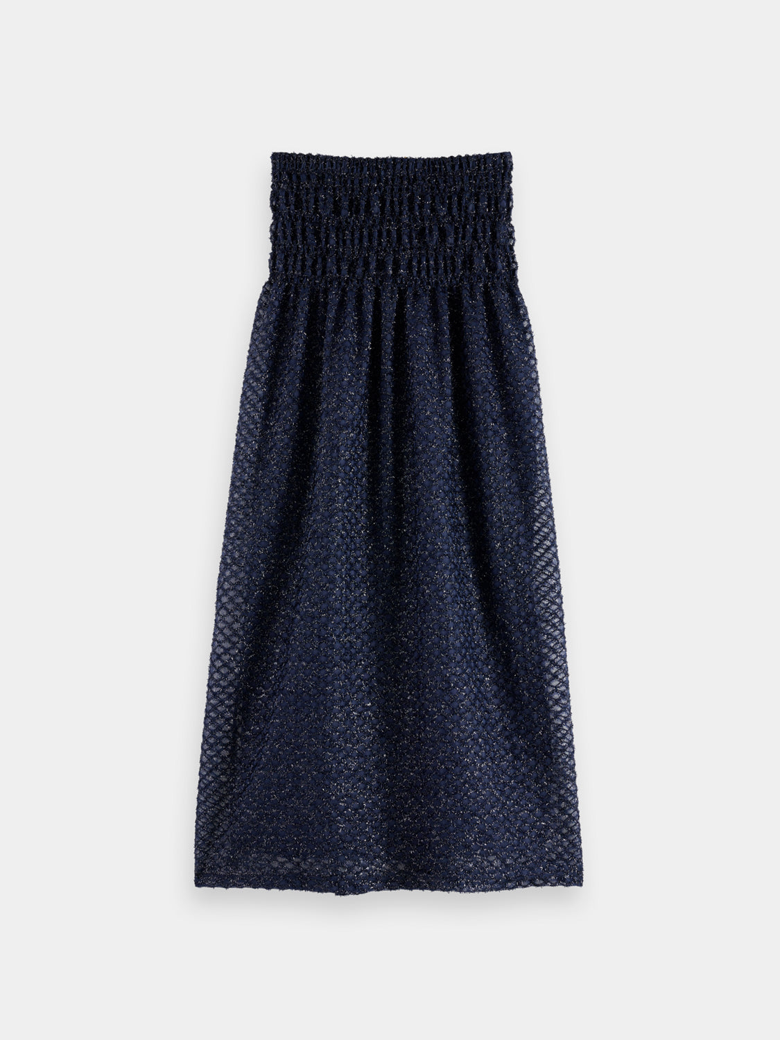 Black Lurex midi skirt by Scotch & Soda featuring a shiny metallic finish and a flowy, elegant silhouette.