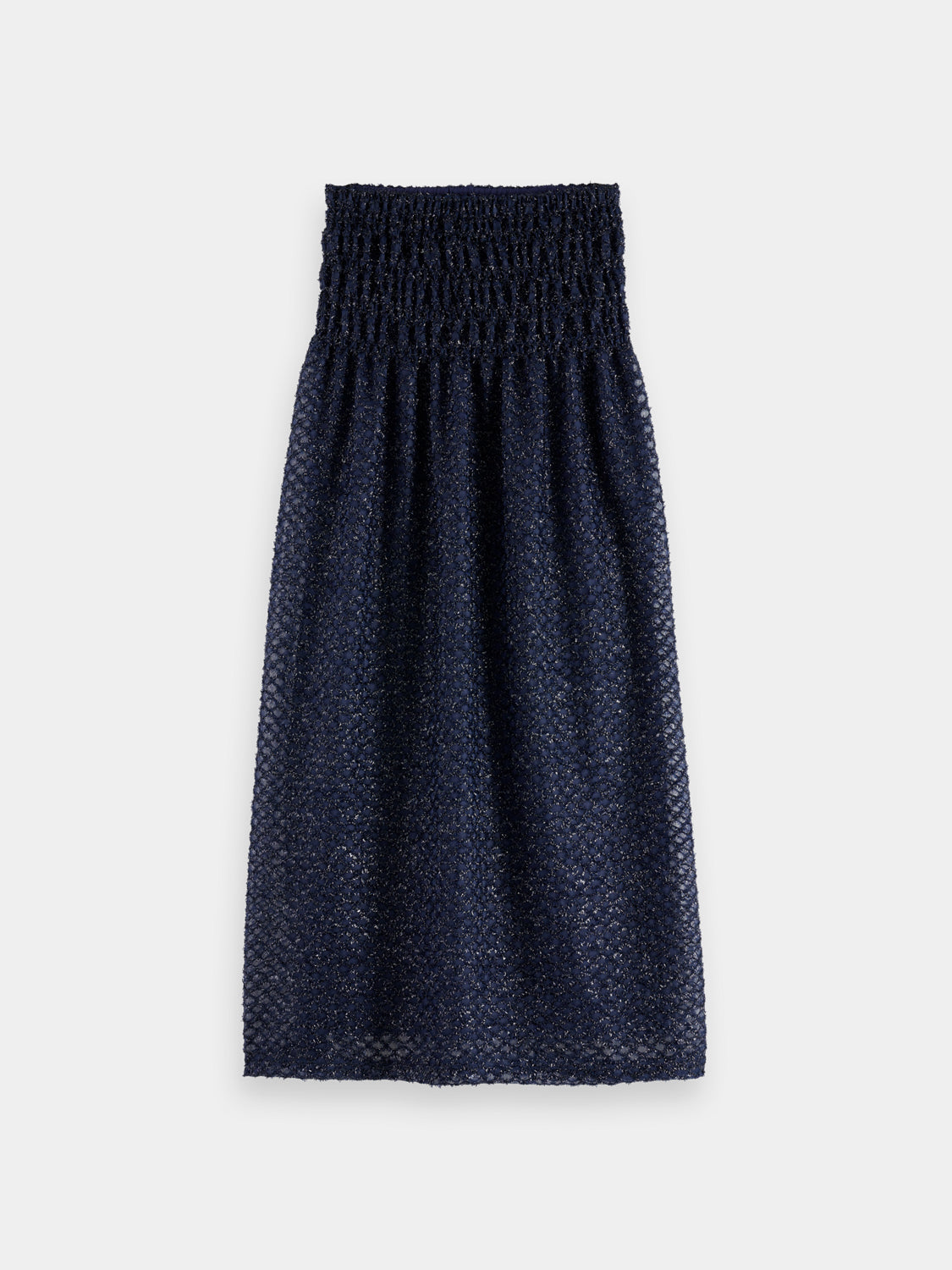 Shiny Lurex midi skirt from Scotch & Soda with a metallic finish and a fitted waist, displayed hanging on a clothing rack.