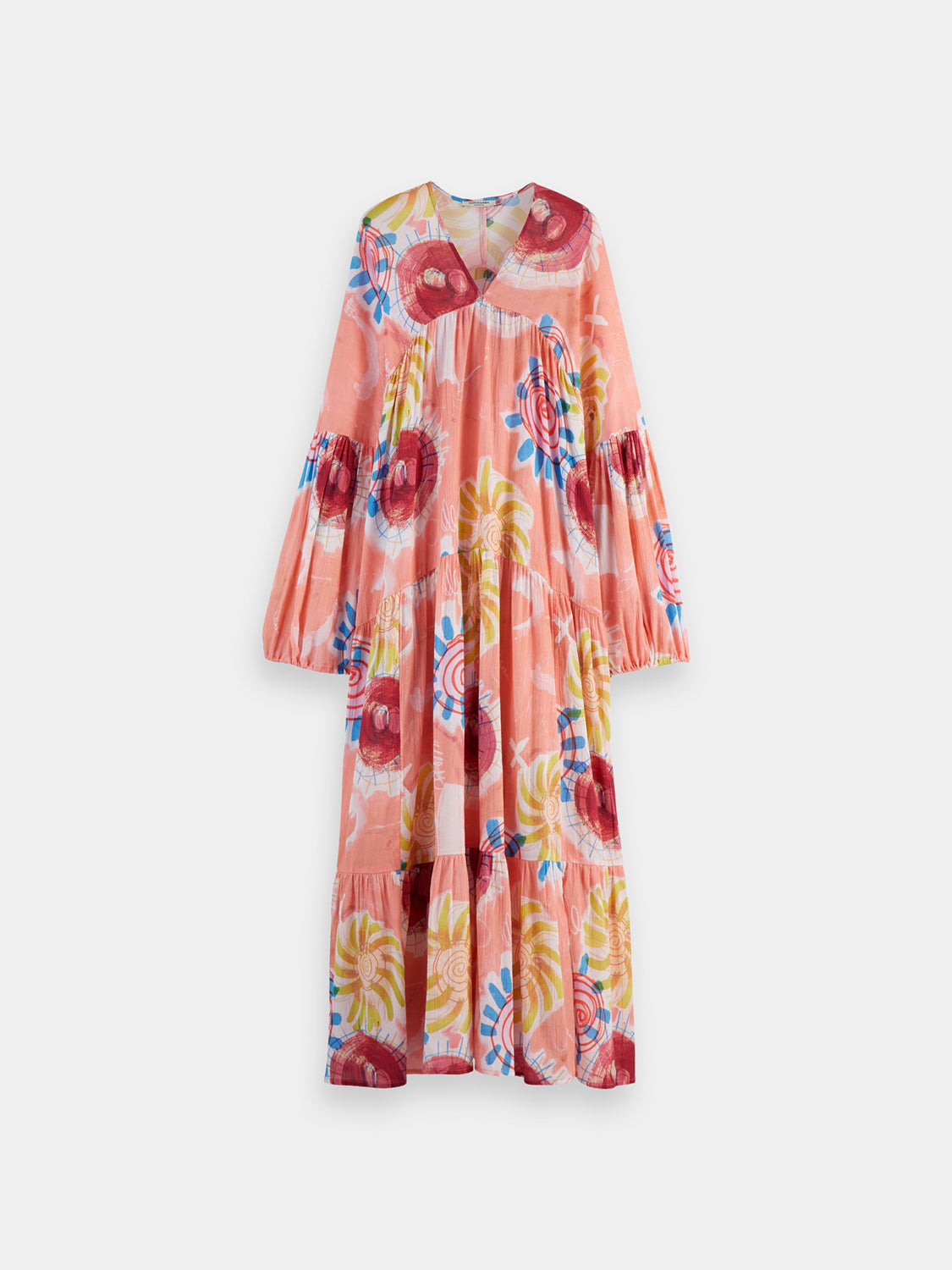 Crinkle maxi dress by Scotch & Soda with flowing fabric and vibrant pattern, displayed on a hanger against a neutral background.