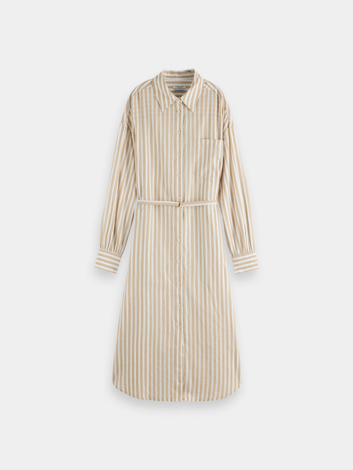 Striped midi shirt dress from Scotch & Soda featuring a button-up front, collar, and long sleeves, displayed on a hanger.