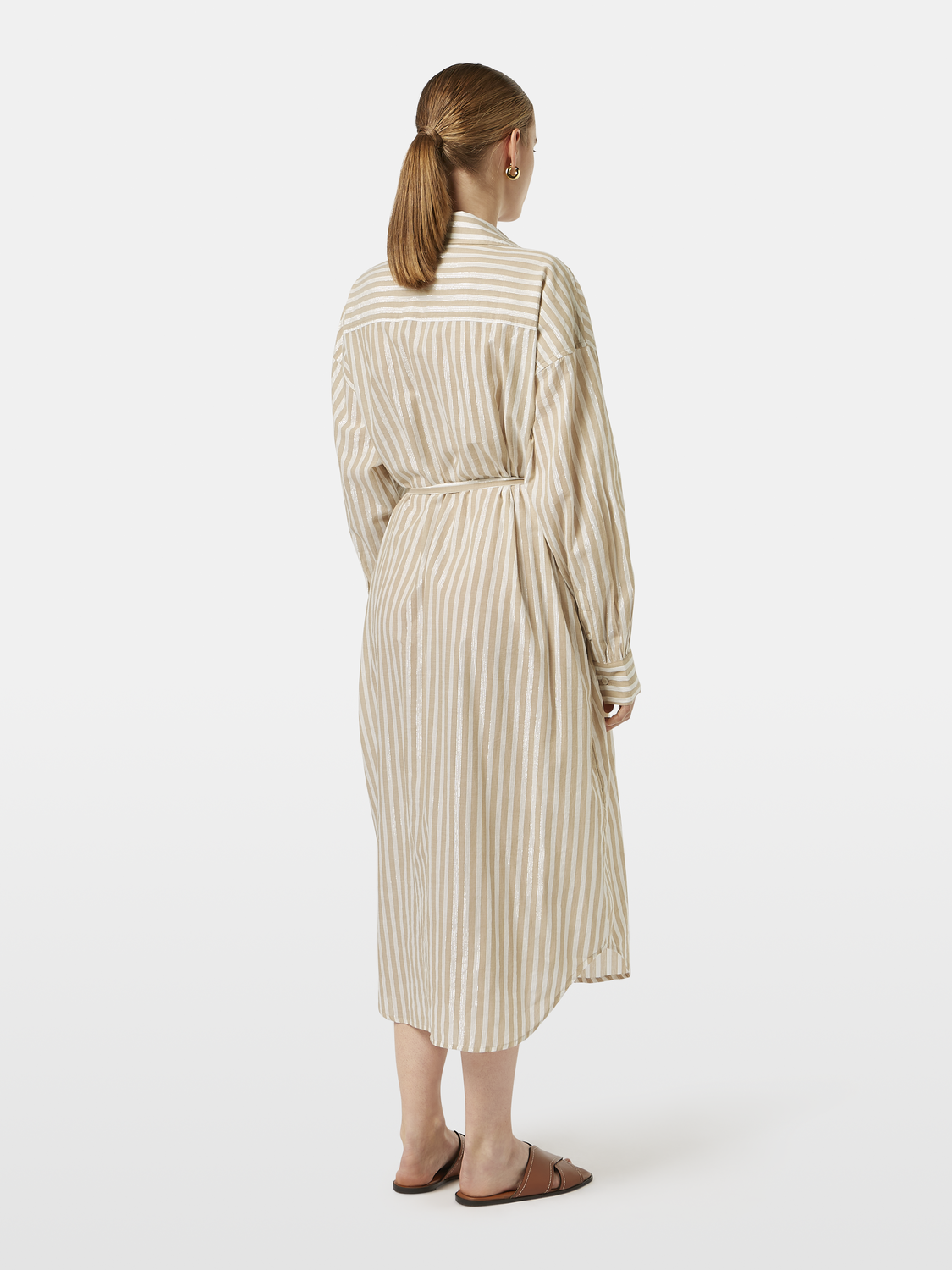 Striped midi shirt dress by Scotch & Soda, featuring a button-down front, collar, and long sleeves, styled on a model.