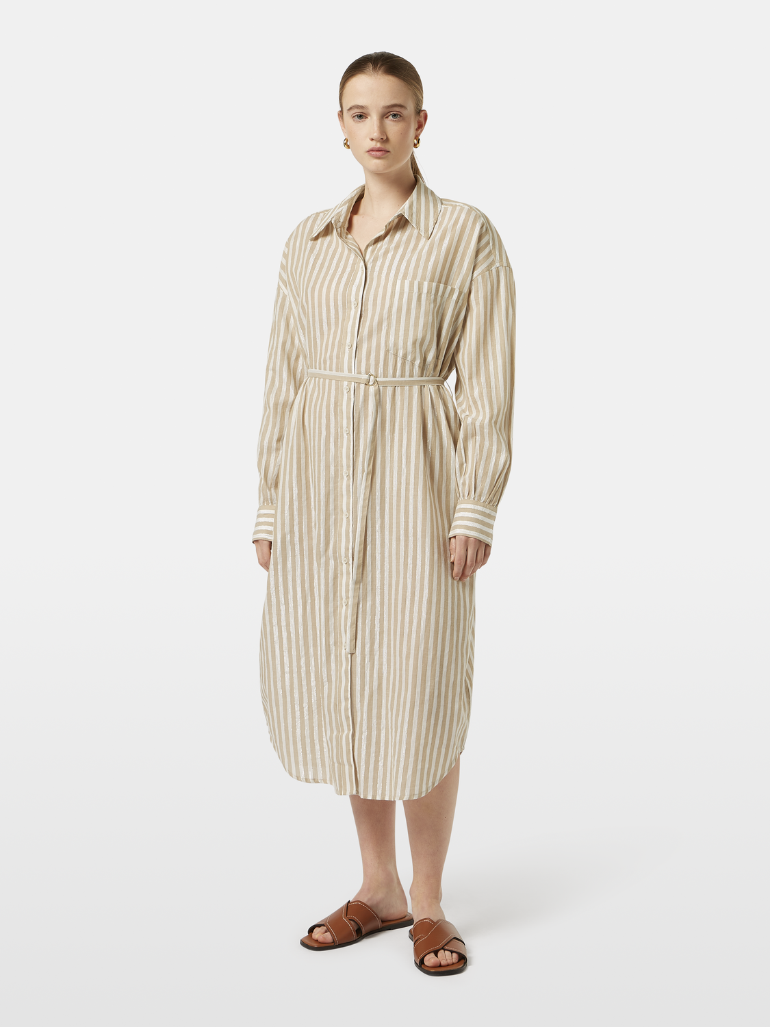 Striped midi shirt dress by Scotch & Soda featuring a collar, button front, and a relaxed fit, styled with long sleeves.