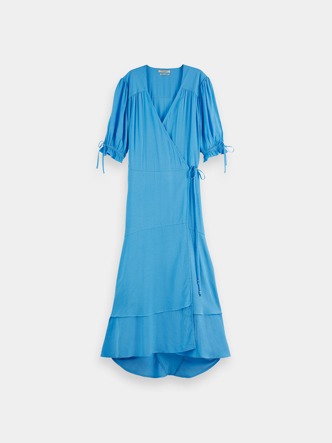Scotch & Soda midi wrap dress in floral print, featuring a fitted waist and flowing skirt, displayed on a hanger.