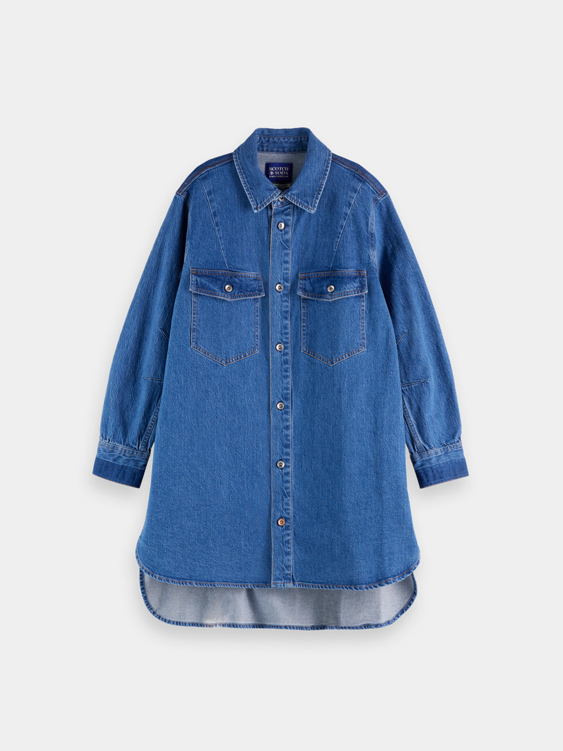Washed denim mini shirtdress by Scotch & Soda, stylish casual dress with button front and collar, displayed on a hanger.
