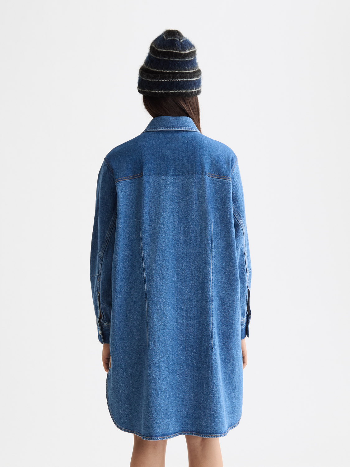 Washed denim mini shirtdress by Scotch & Soda, front view showing button-down style and short sleeves.