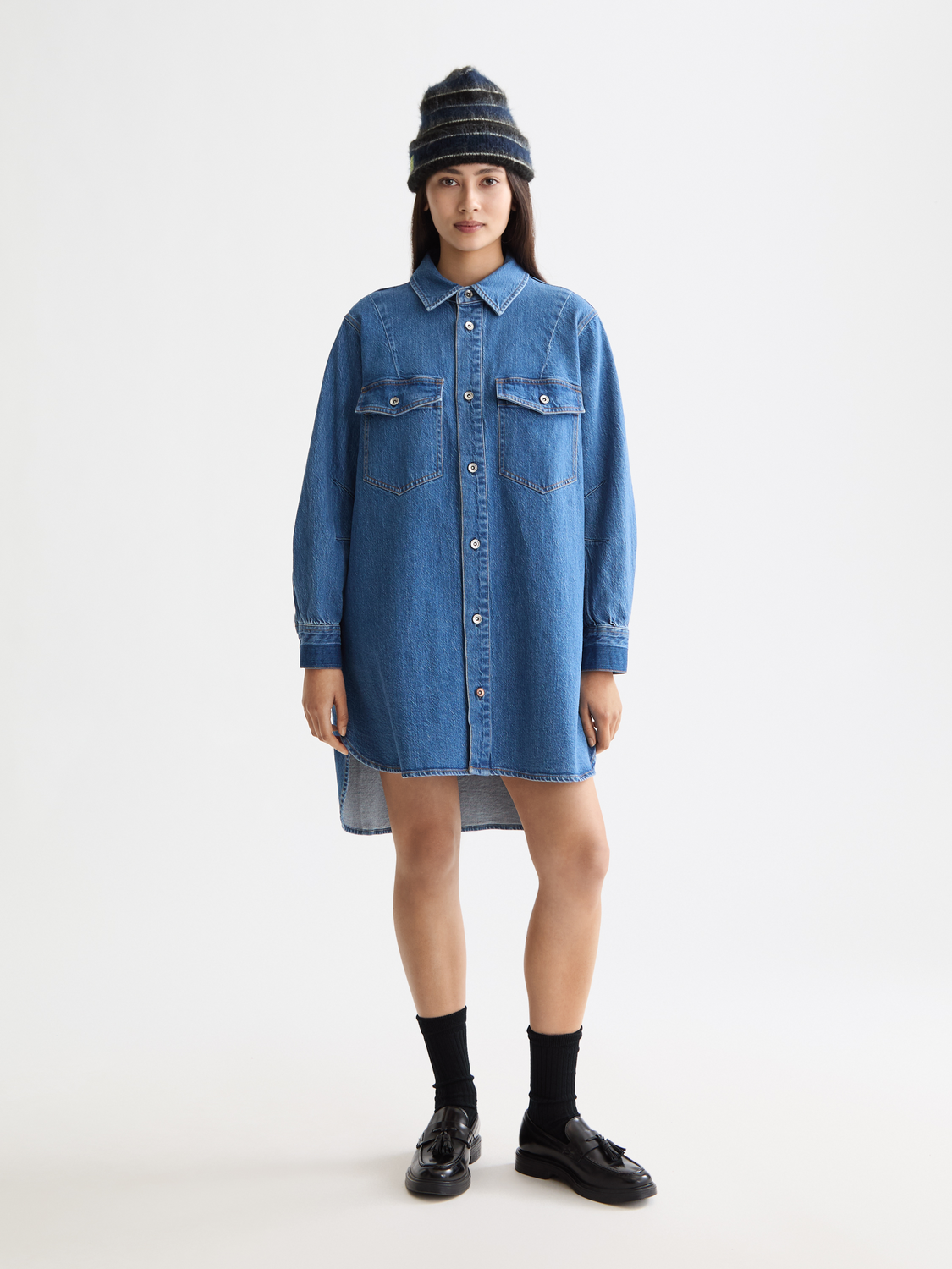 Washed denim mini shirtdress by SCOTCH & SODA featuring a collared neckline and button-front design.