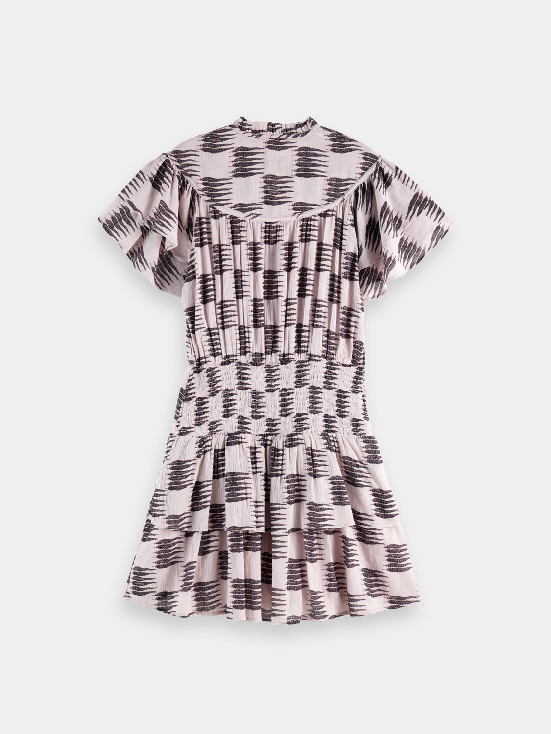 Black ruffled mini dress by Scotch & Soda featuring a fitted bodice and flared skirt, perfect for stylish occasions.