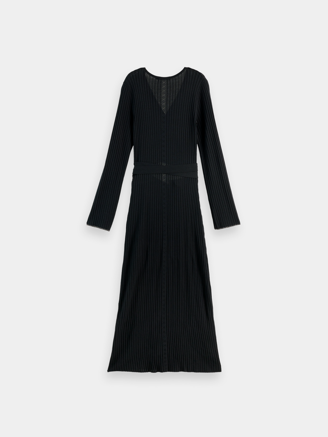 Black ribbed wrap dress by SCOTCH & SODA featuring long sleeves and a v-neck, shown from the back.