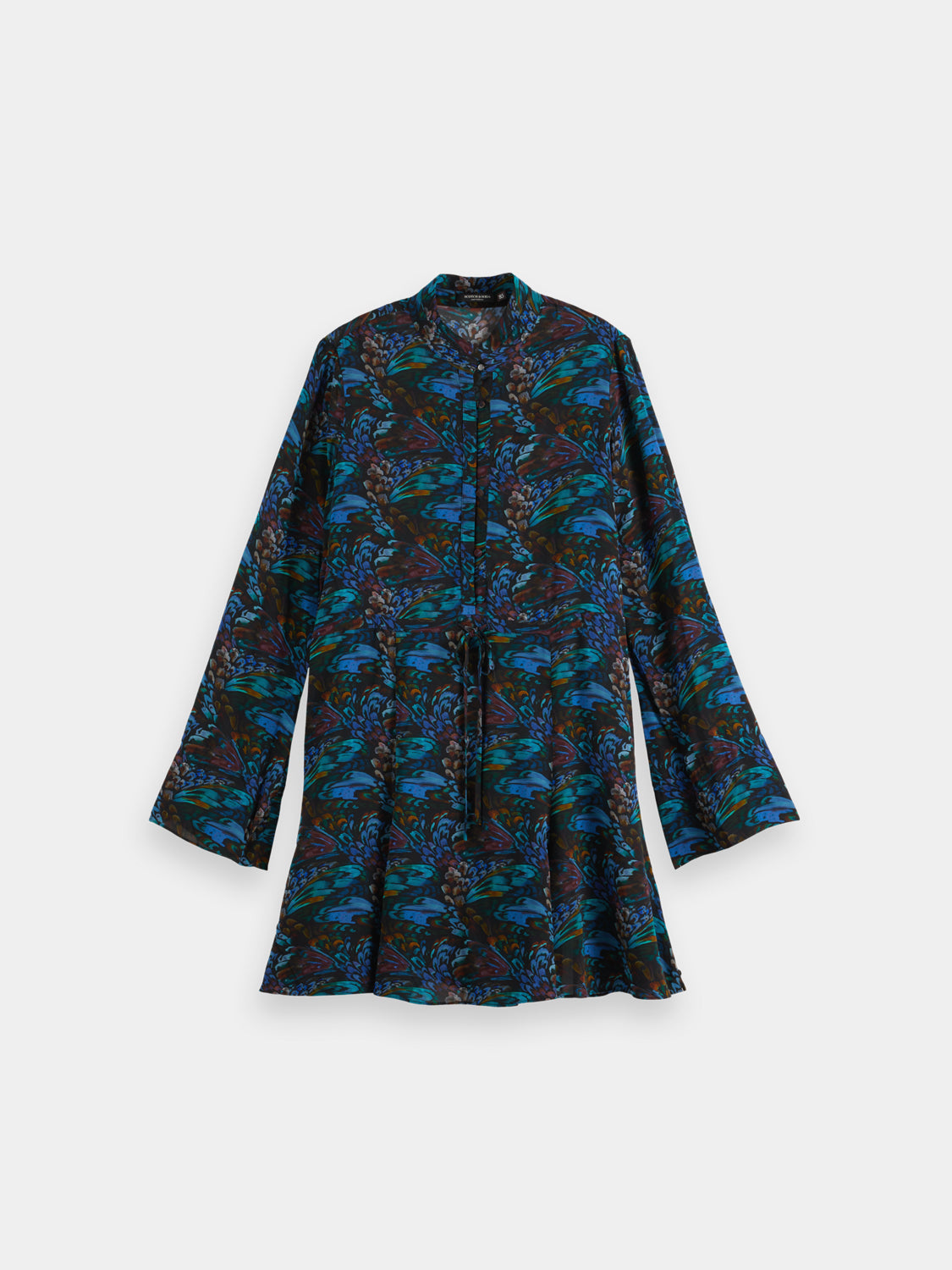 Printed mini dress by Scotch & Soda, featuring vibrant pattern and short sleeve design, showcased on a hanger.