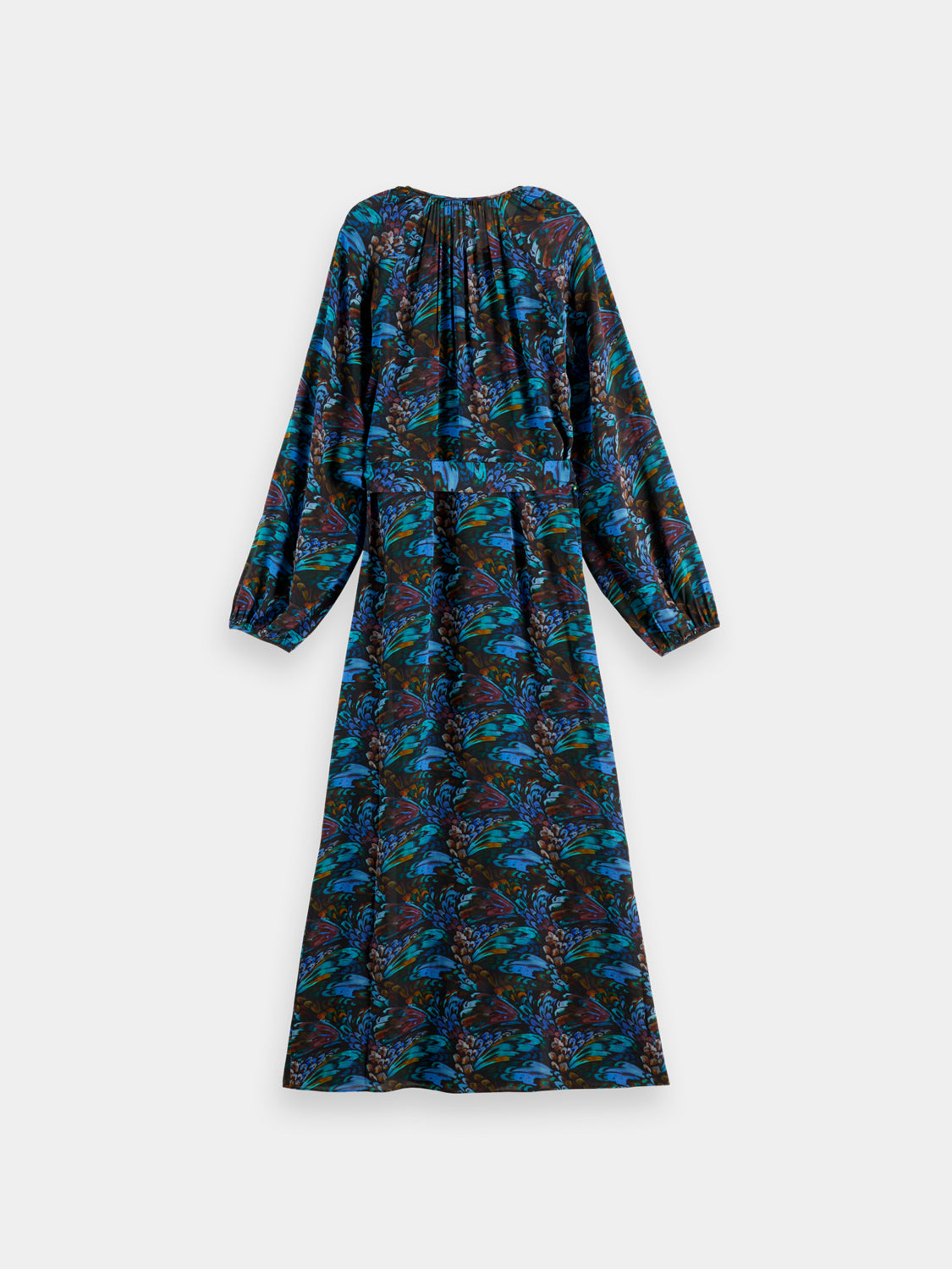 Black Scotch & SODA midi wrap dress with long sleeves and a waist tie, displayed on a hanger.