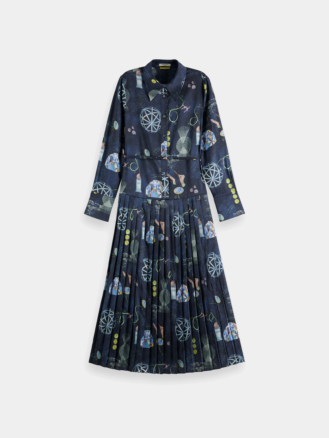 Scotch & Soda pleated midi dress in floral fabric, featuring a fitted waist and flowing skirt, perfect for elegant occasions.