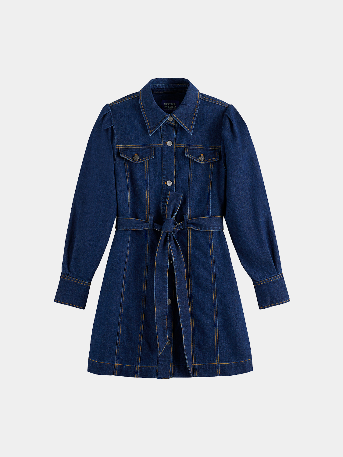 Scotch & Soda denim dress featuring a classic fit, button-down front, and casual style, displayed on a hanger.