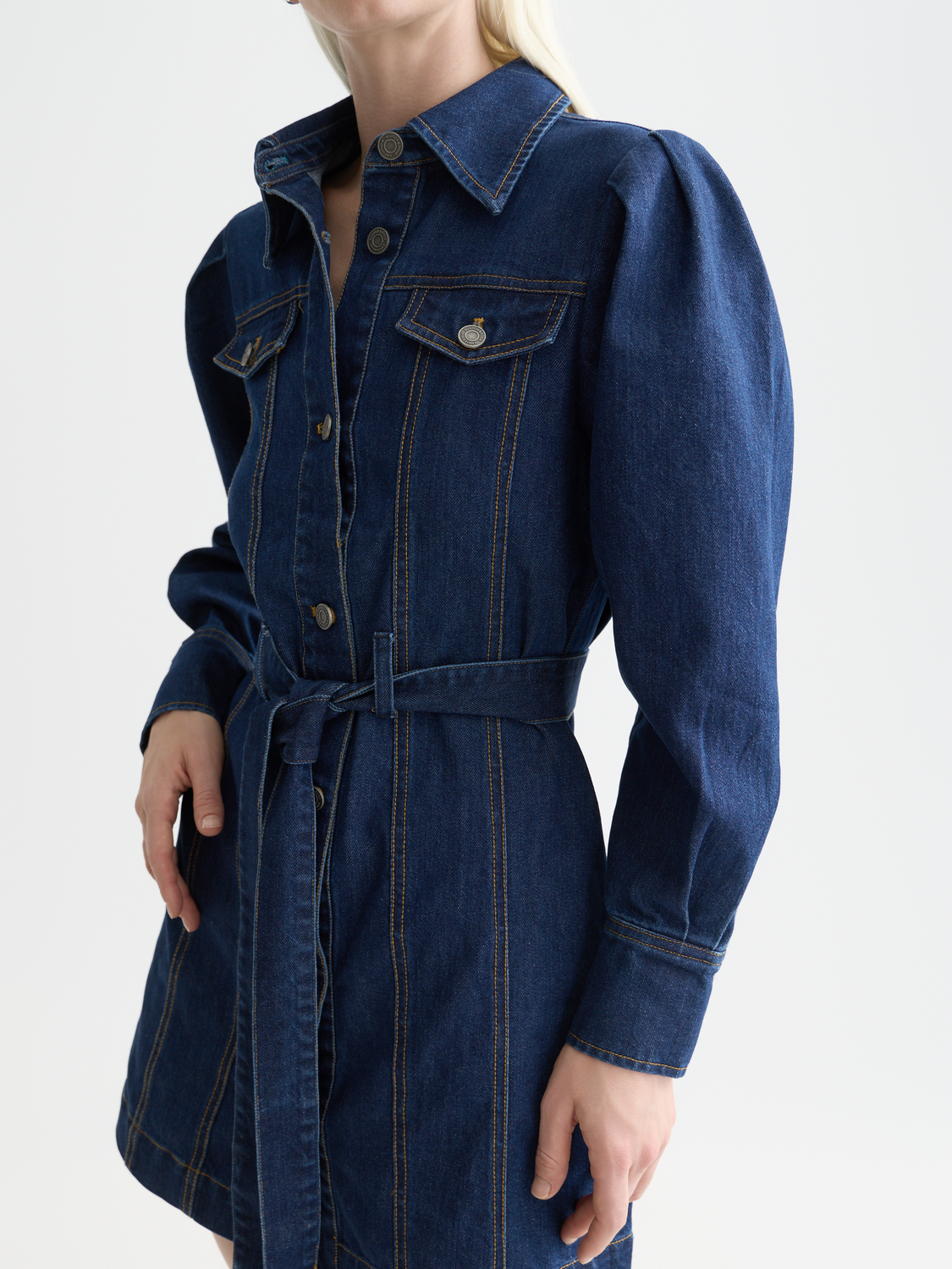 Blue denim dress by Scotch & Soda featuring a classic fit with button-front design and short sleeves.
