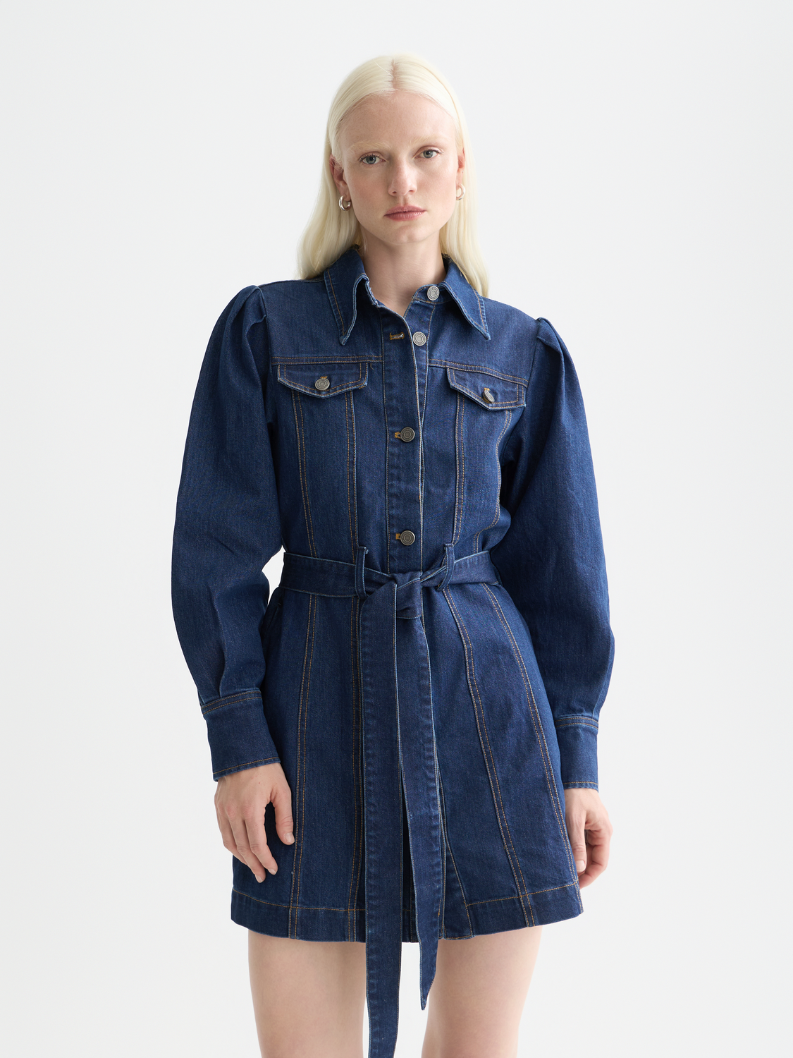 Scotch & Soda denim dress featuring a casual fit, front pockets, and classic blue denim fabric.