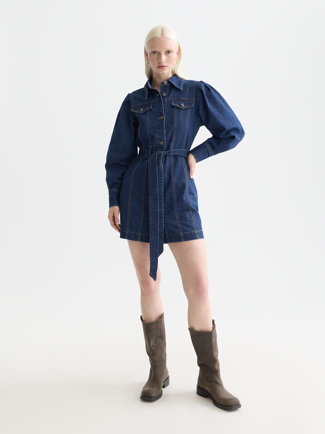 SCOTCH & SODA denim dress featuring a fitted silhouette, classic blue denim fabric, and stylish shoulder straps.