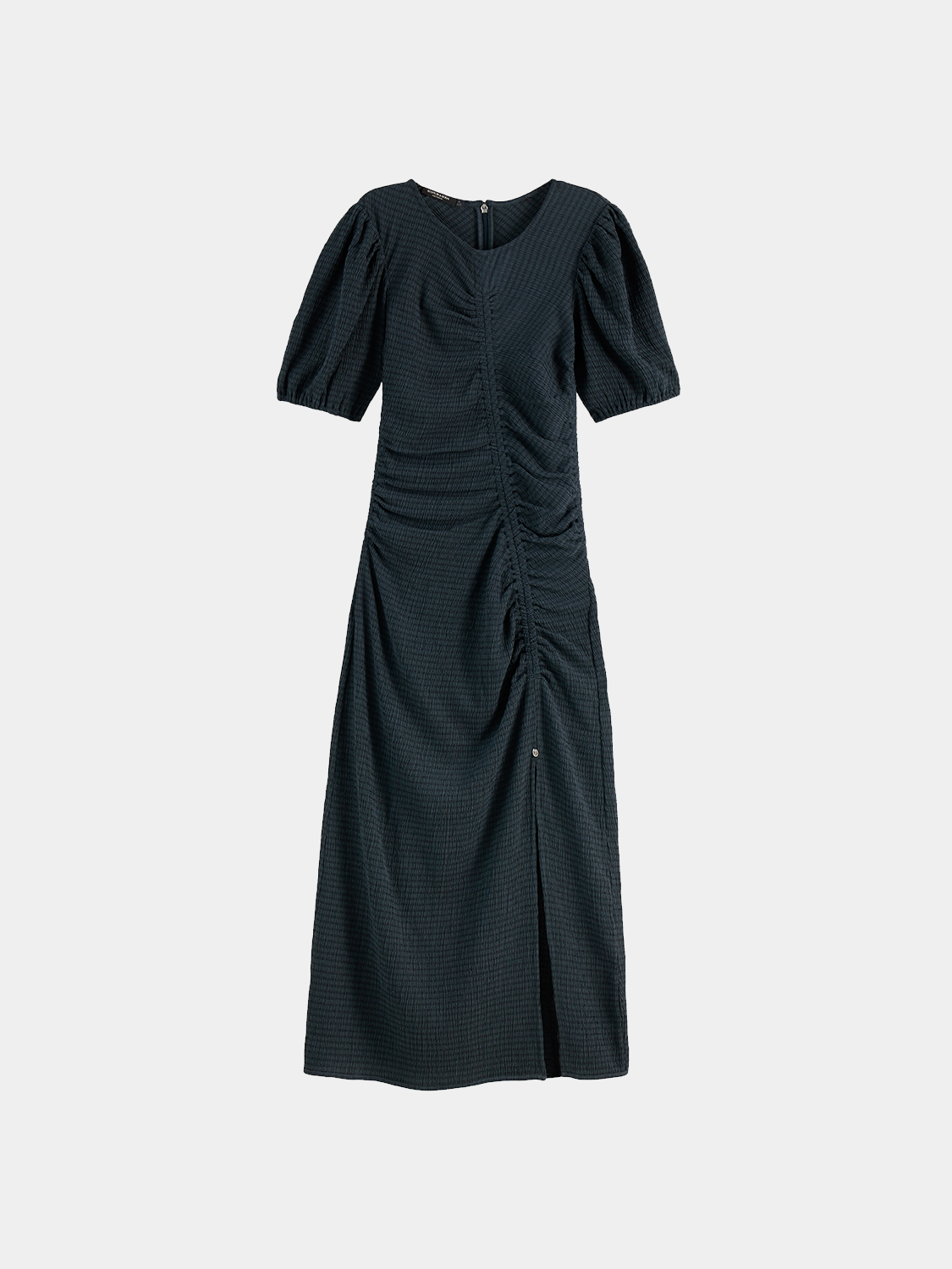 SCOTCH & SODA gathered midi dress in floral fabric, featuring a fitted waist and flowing skirt, perfect for casual or semi-formal wear.