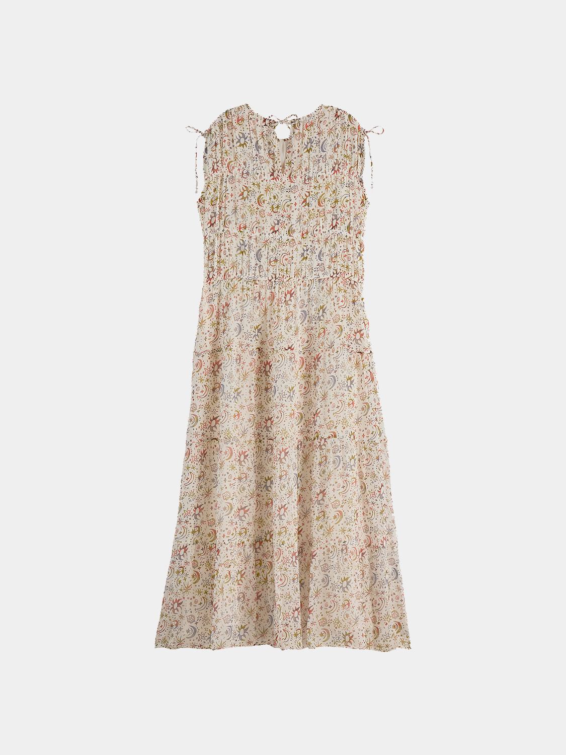 Black gathered midi dress by Scotch & Soda, featuring a fitted waist and flowing skirt, perfect for casual or semi-formal wear.