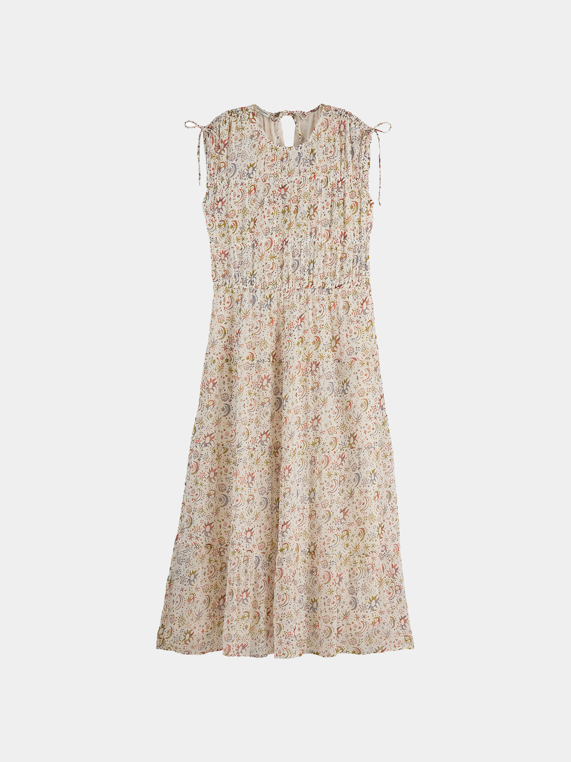 Gathered midi dress by Scotch & Soda featuring a flowing silhouette and elegant design, displayed on a hanger against a neutral background.