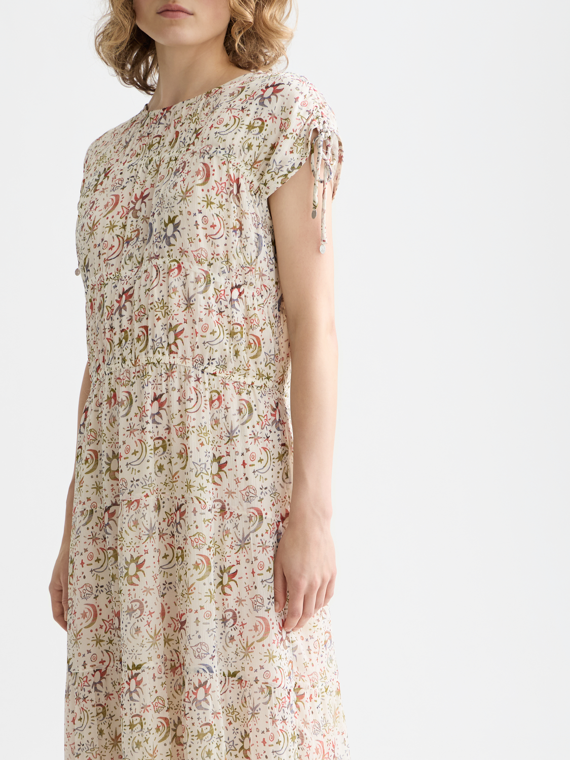 SCOTCH & SODA gathered midi dress with a fitted waist, flowy fabric, and stylish design, perfect for casual or semi-formal wear.