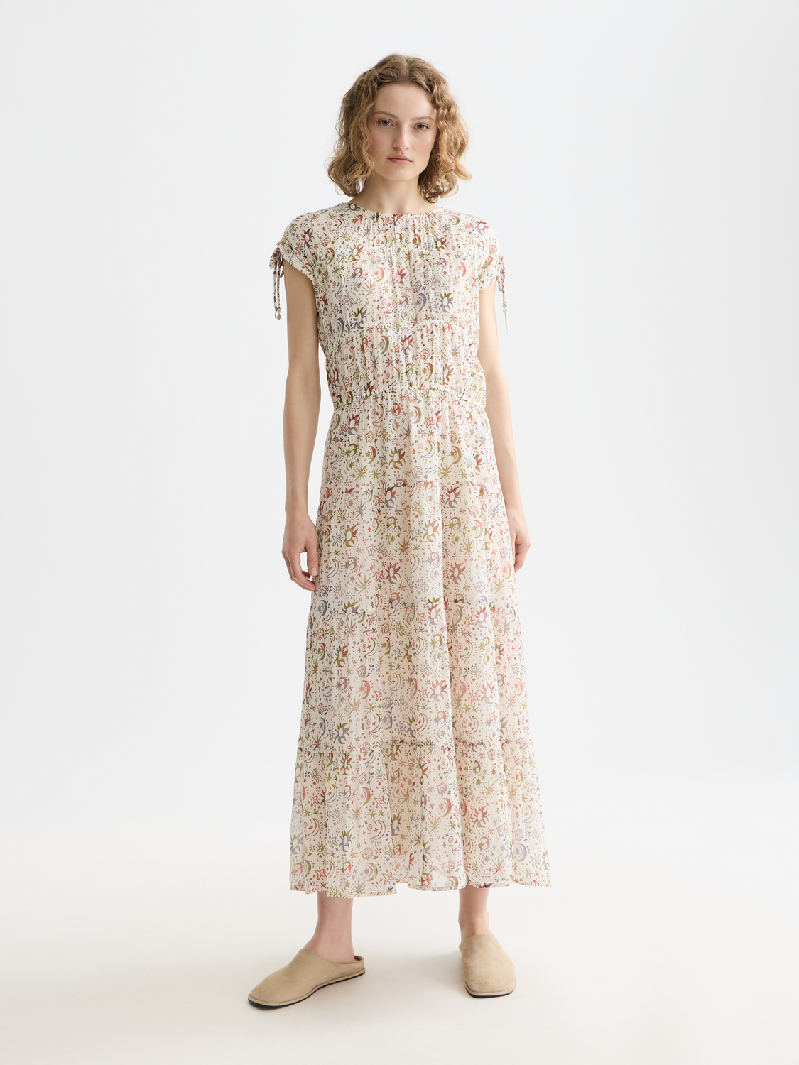 Scotch & Soda gathered midi dress featuring a relaxed fit, lightweight fabric, and a stylish, elegant design with a V-neckline.