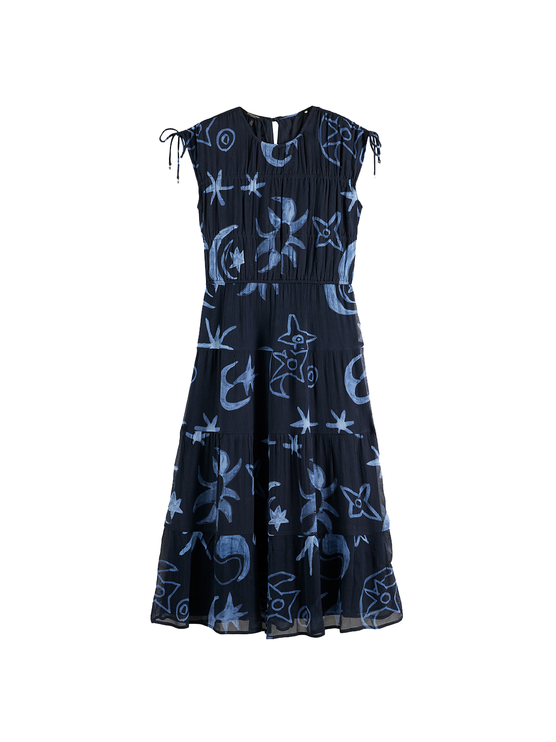 SCOTCH & SODA gathered midi dress featuring a fitted bodice, flowing skirt, and stylish design, perfect for elegant occasions.