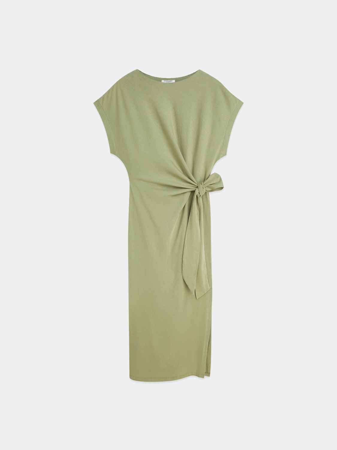 Scotch & Soda knotted midi dress featuring a fitted bodice, flowing skirt, and stylish design in a natural fabric.