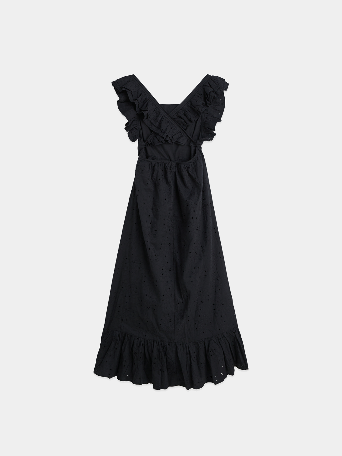 Scarlet SCOTCH & SODA broderie anglaise maxi dress with floral embroidery, back view showcasing flowing fabric and intricate details.