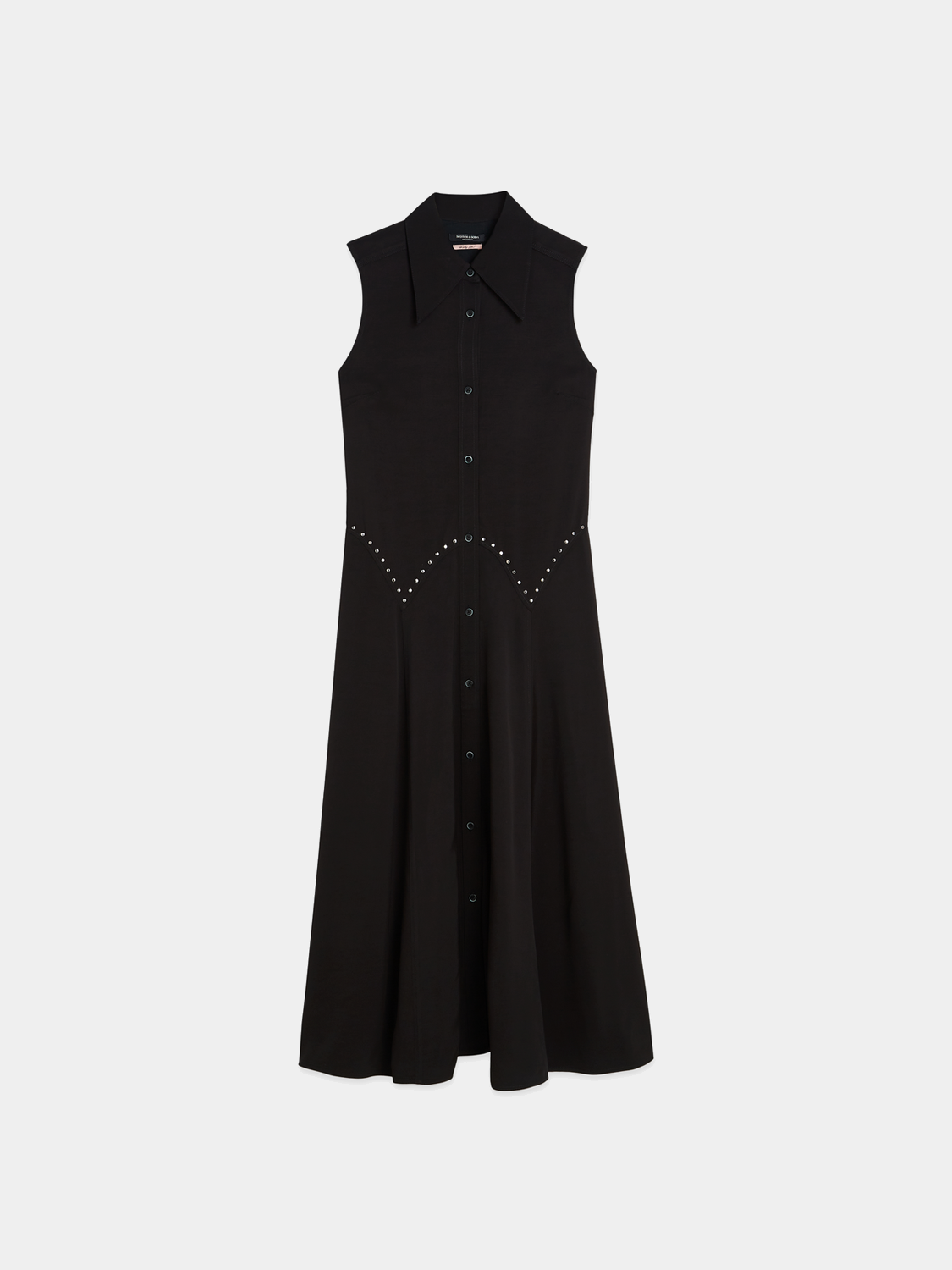 Black studded button midi dress by Scotch & Soda, featuring a fitted silhouette and stylish button details.
