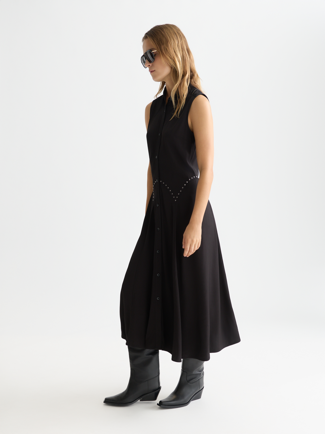 SCOTCH & SODA studded button midi dress with a fitted silhouette, featuring decorative studs and a front button closure.