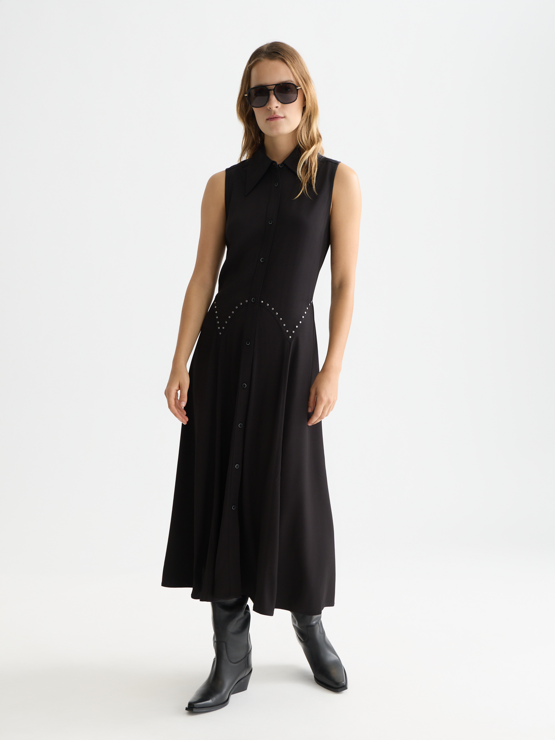 SCOTCH & SODA studded button midi dress featuring a fitted silhouette, with decorative studs and a classic button-down front.