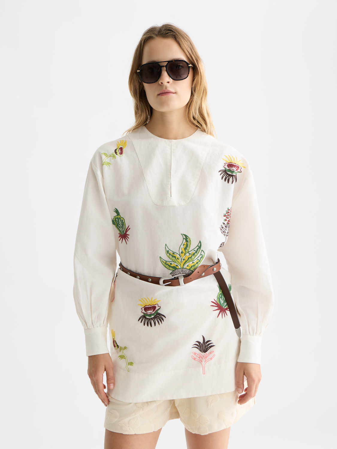 Embroidered mini dress by Scotch & Soda featuring floral embroidery, short sleeves, and a fitted silhouette.