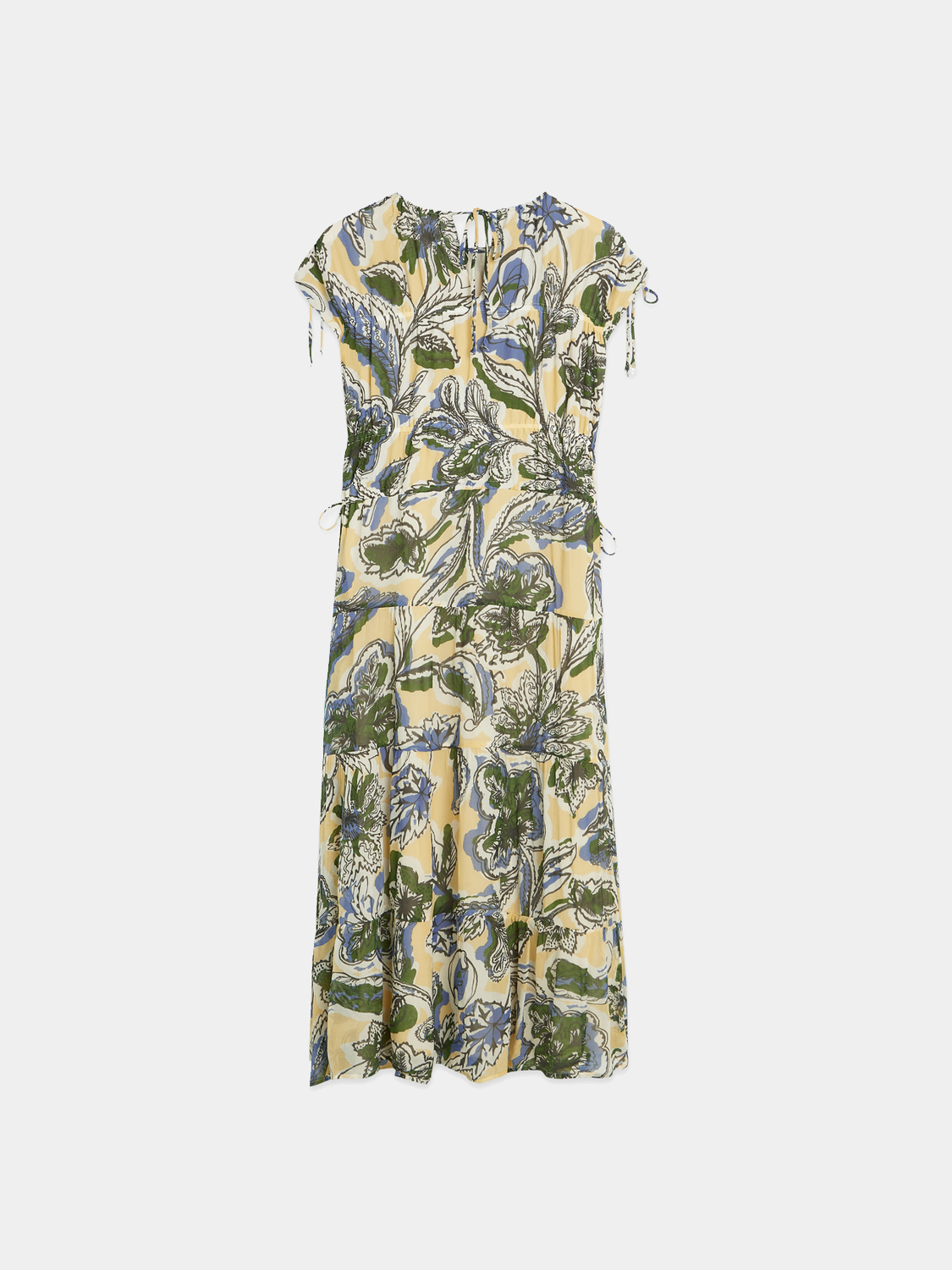 Printed maxi dress from Scotch & Soda showing a flowing fabric with vibrant floral patterns and a relaxed fit.