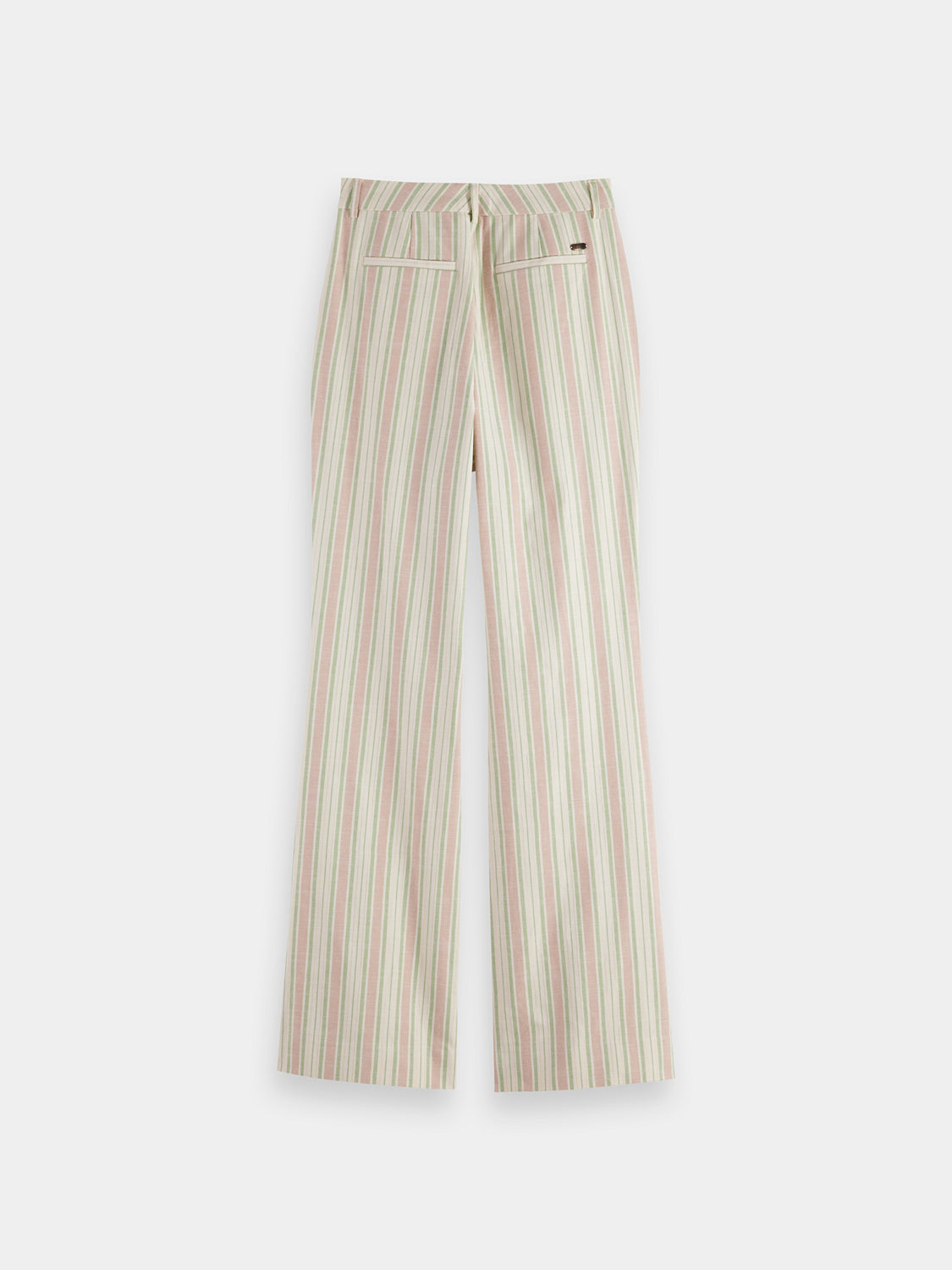 Scotch & Soda lurex striped pants with metallic gold and black pattern, slim fit style, front pockets, and high-rise waist.