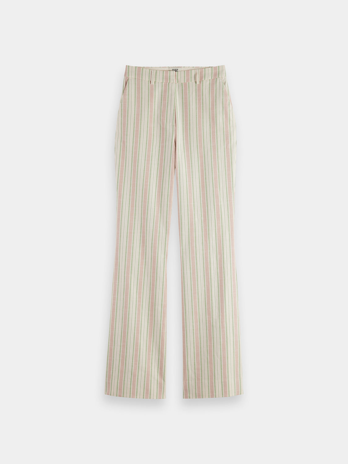 Scotch & Soda lurex striped pants with metallic gold and black horizontal stripes, tailored fit and front pockets.