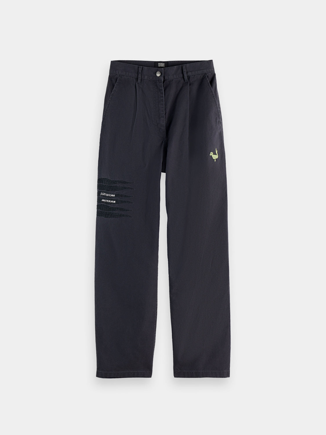 Scotch & Soda Raine wide-fit pants in neutral fabric with relaxed fit and classic design, displayed flat on a white background.