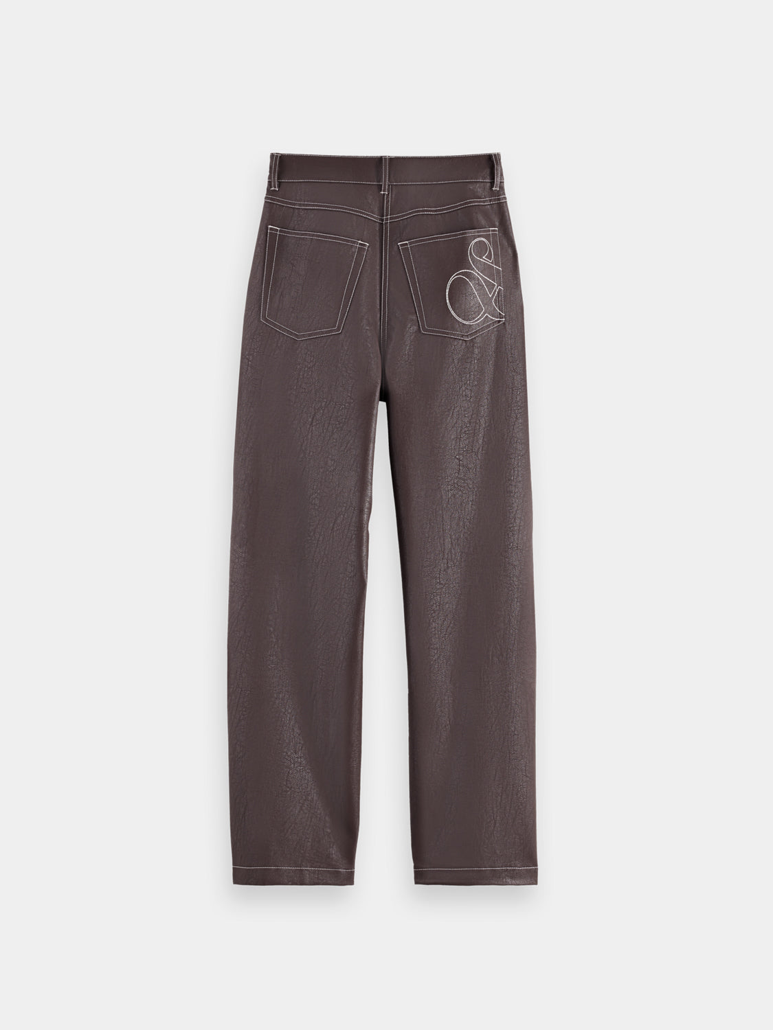 Black Aurora faux leather pants by Scotch & Soda, featuring a slim fit design with smooth, shiny texture and classic style.
