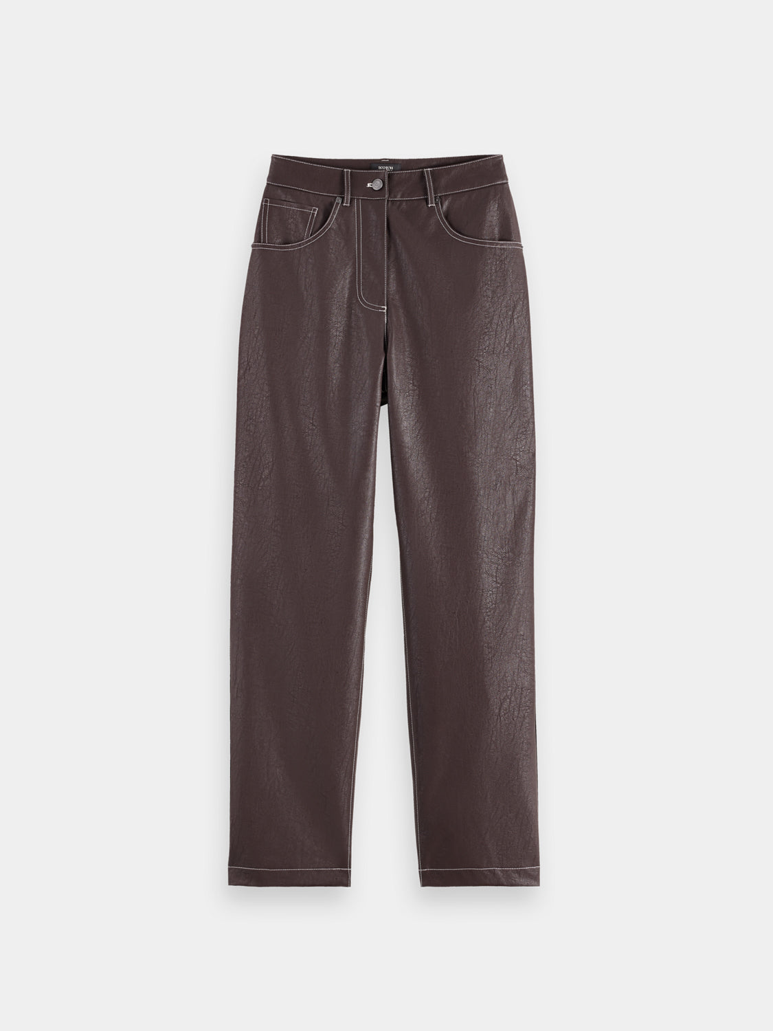 SCOTCH & SODA Aurora faux leather pants showing a close-up of black high-waisted pants with sleek leather finish.