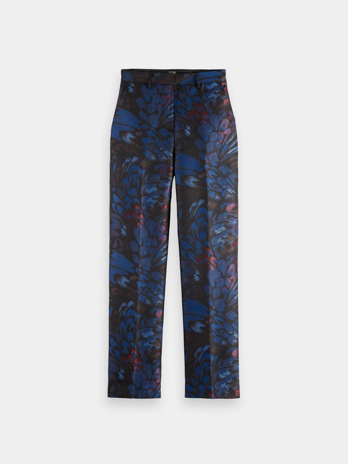 Scotch & Soda ripple jacquard pants featuring intricate woven pattern and tailored fit, shown in a neutral color.