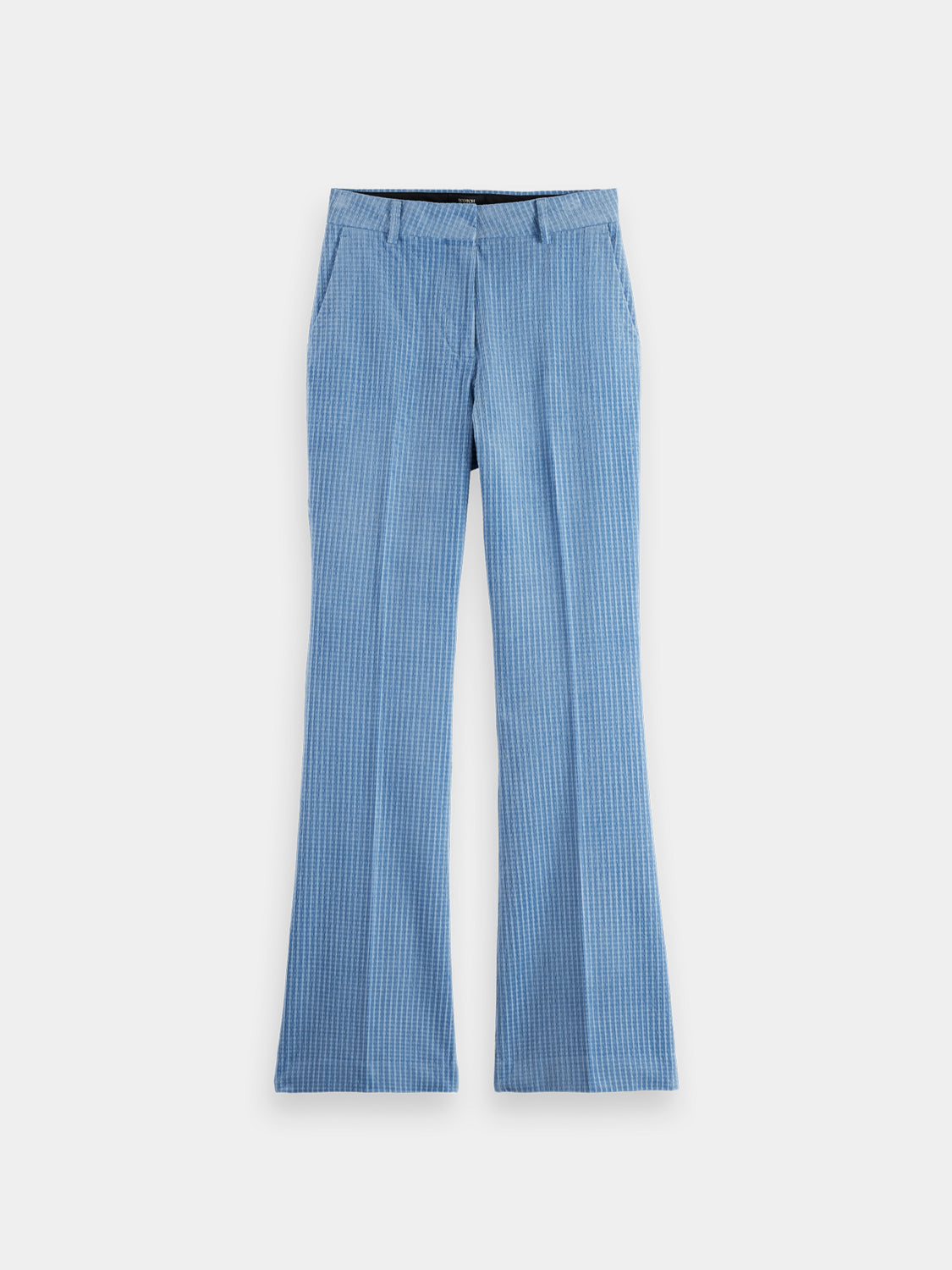 Violet Scotch & Soda kick flare pants with high waist and wide legs, shown on a model against a plain background.