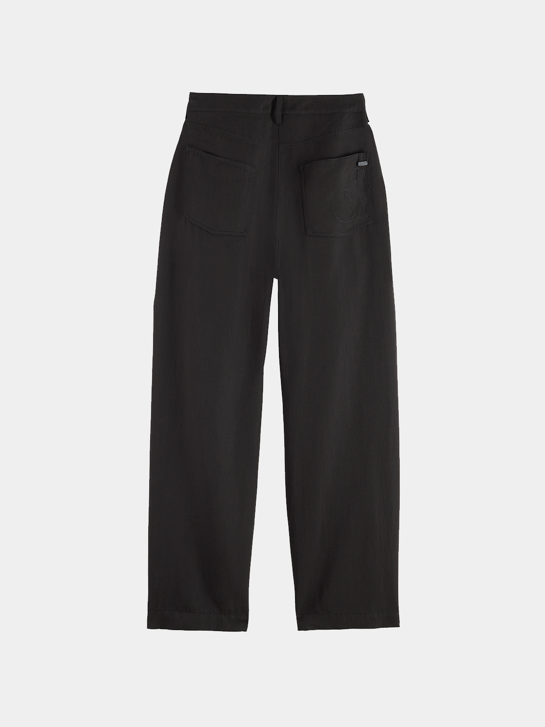 Black Lotus barrel leg pants by Scotch & Soda, showcasing relaxed fit with wide legs and stylish design details.