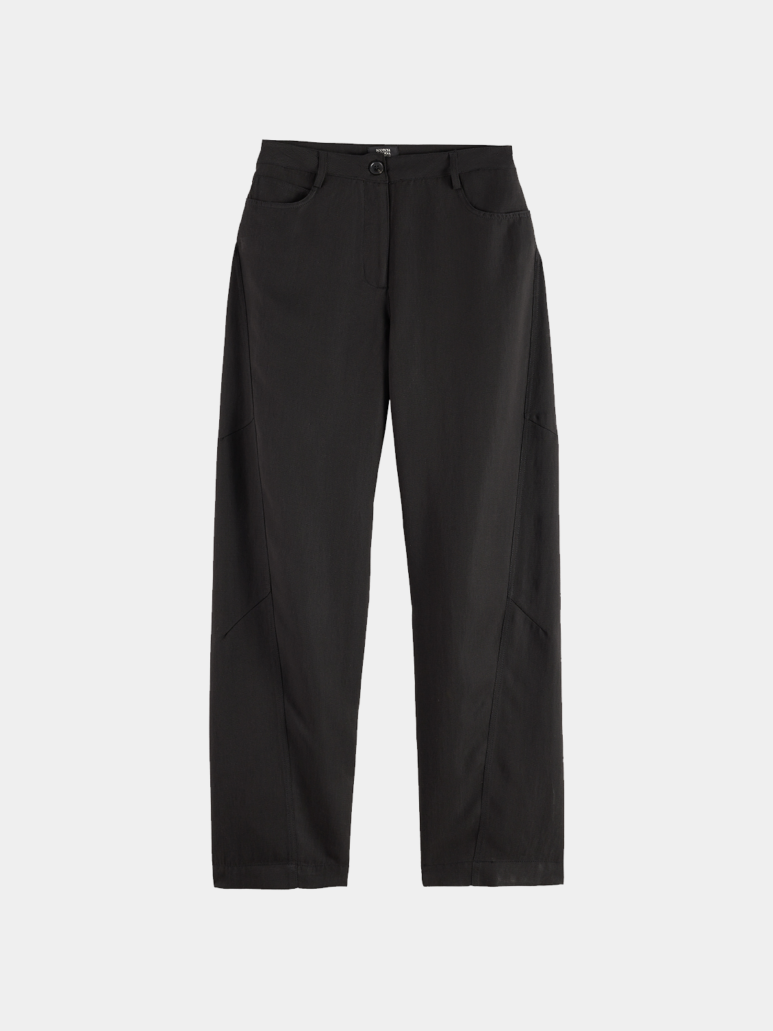 Scotch & Soda Lotus barrel leg pants in neutral fabric with a relaxed fit and tapered design, displayed on a hanger.