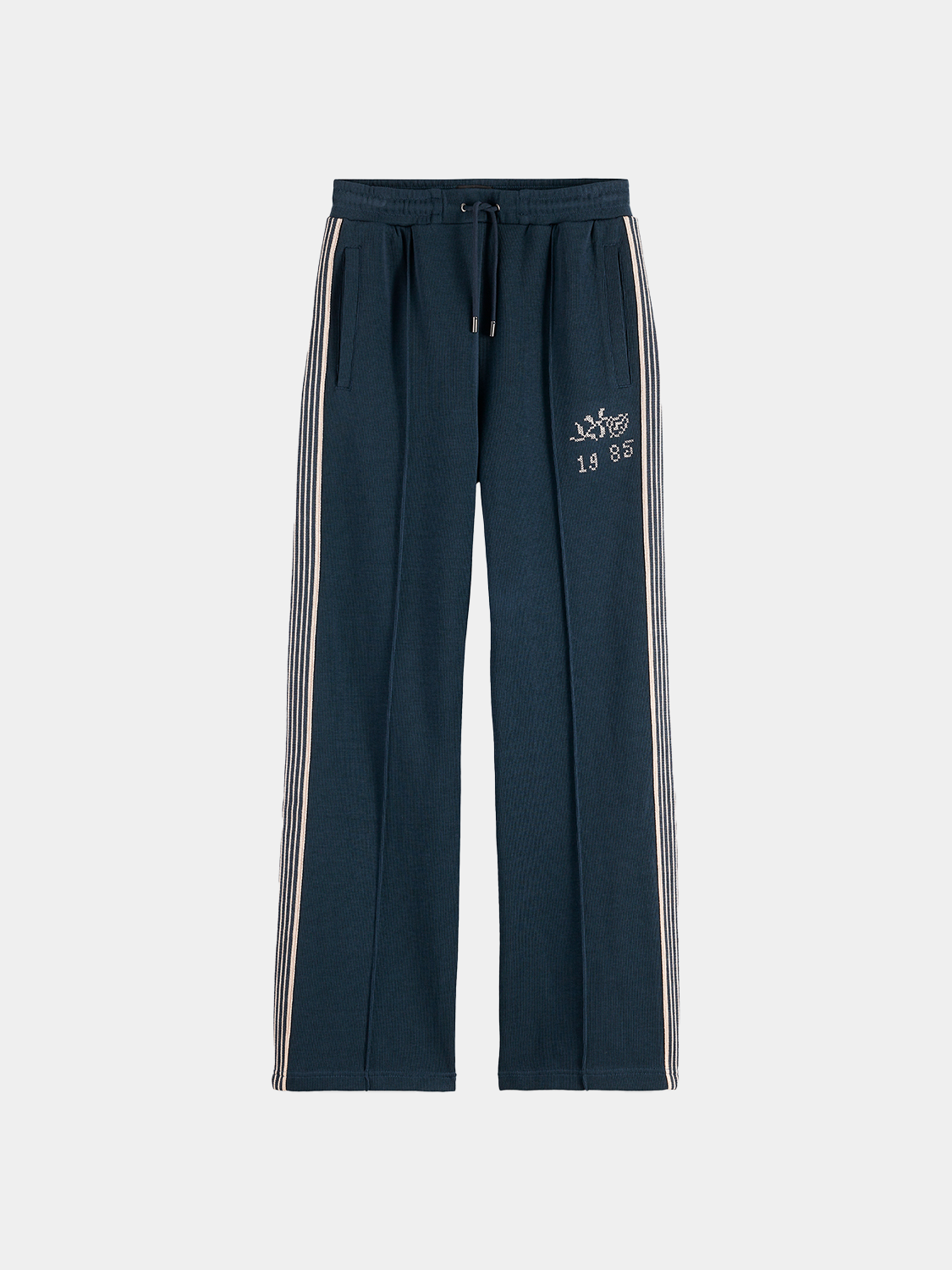Gray Scotch & Soda interlock sweatpants with a relaxed fit and elastic waistband, shown laid flat on a neutral background.