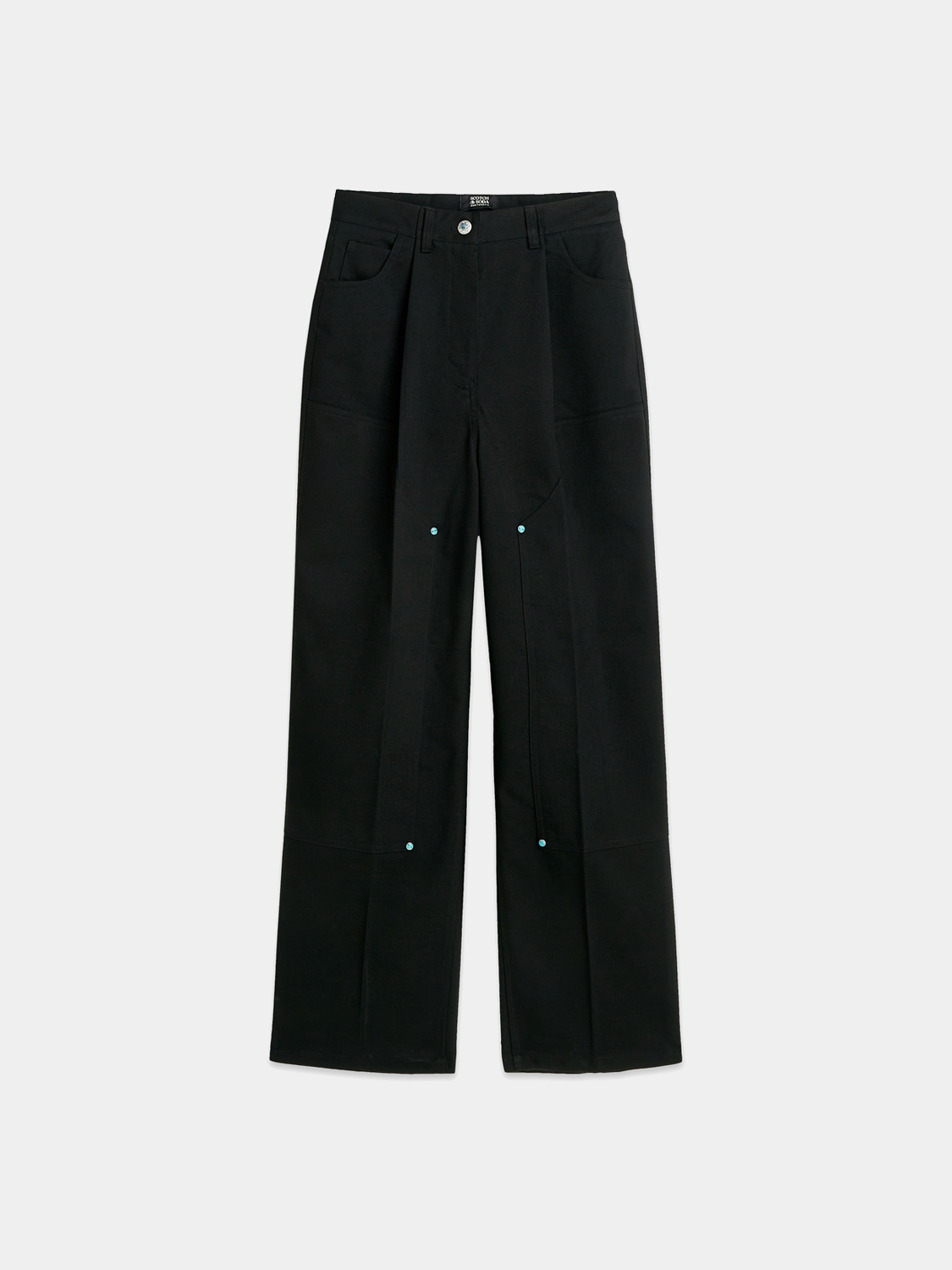 Scotch & Soda Raine wide-fit pants in neutral fabric, featuring a relaxed fit and classic design, shown on a model.