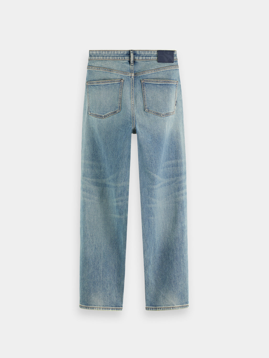 Sky straight-fit denim jeans by Scotch & Soda, front view showing classic five-pocket design and dark wash finish.