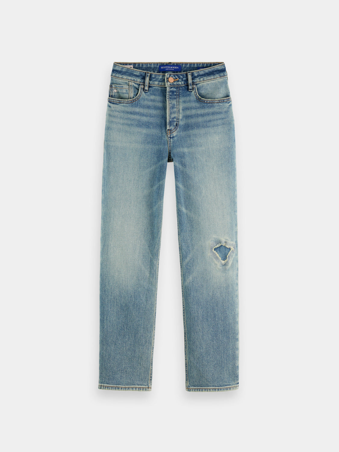 Sky straight-fit denim jeans by Scotch & Soda displayed flat, showing classic five-pocket design and clean denim fabric.