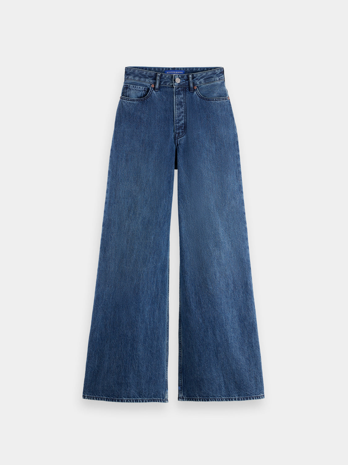 Wide-fit denim jeans by Scotch & Soda featuring a relaxed fit and classic wash, shown in a full-length front view.