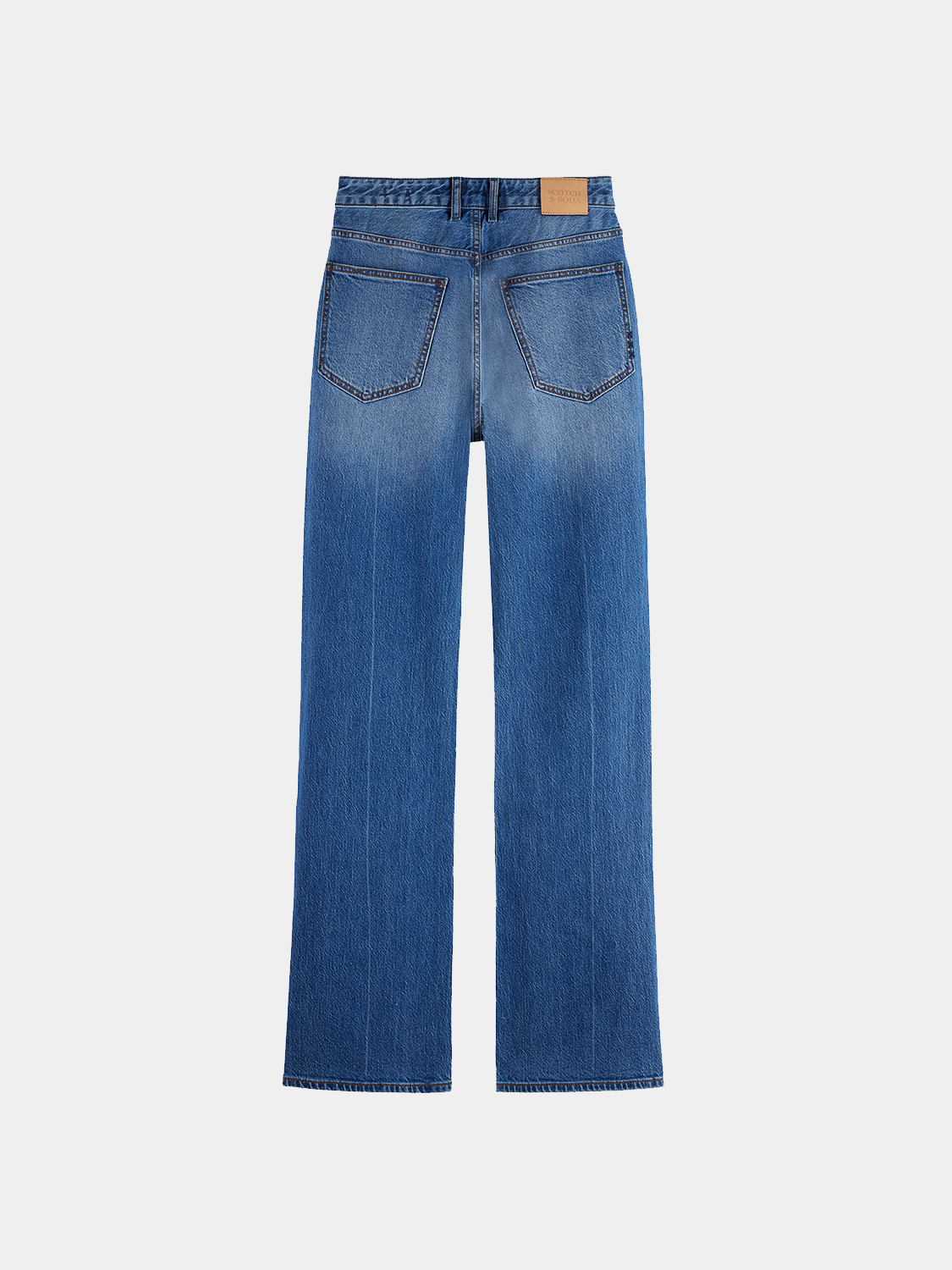 Dark blue Scotch & SODA glow bootcut denim jeans with a fitted waist and flared leg, displayed on a plain background.