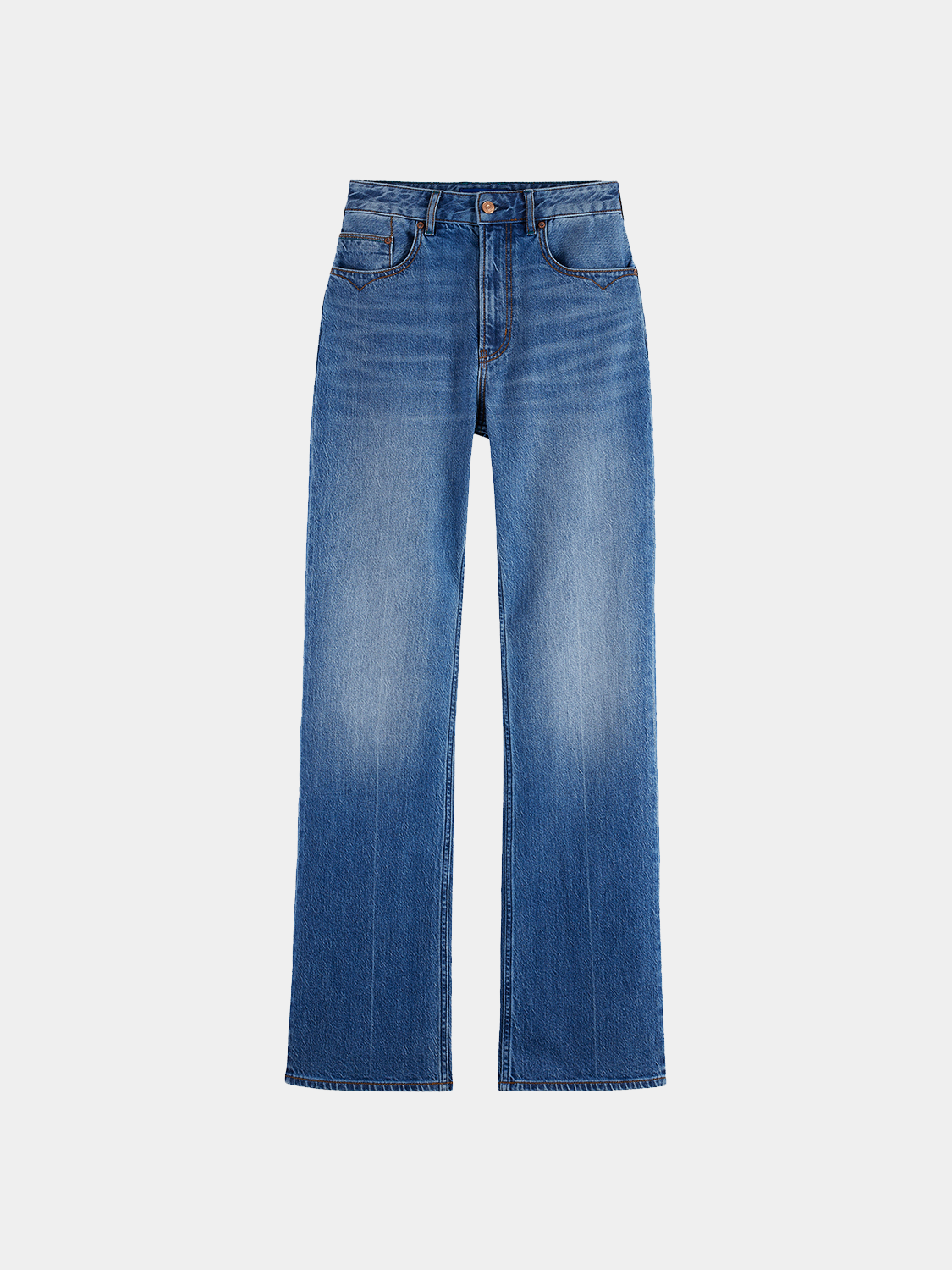 Scotch & Soda glow bootcut denim jeans with a fitted waist and flared leg, shown in a classic blue wash.