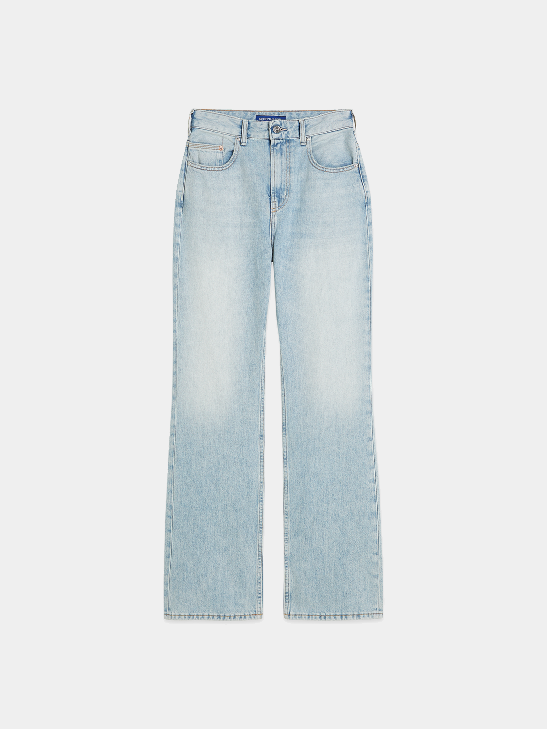Scotch & Soda glow bootcut denim jeans with a fitted waist and flared leg, shown in a stylish dark wash.