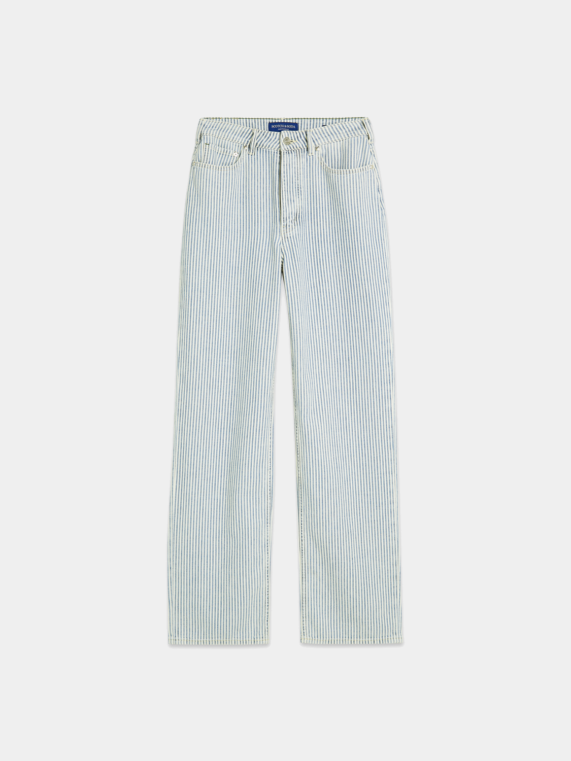 Scotch & Soda Ripple straight-fit denim jeans, front view showing classic five-pocket design and light wash finish.
